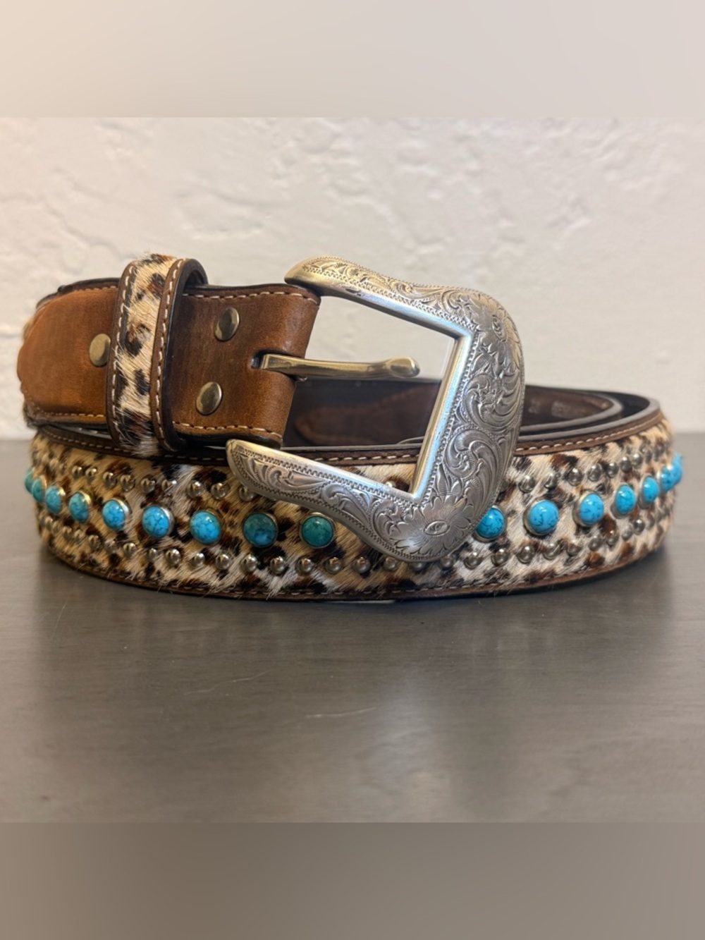 Nocona Genuine Leather Leopard Print & Turquoise Studded Belt N2440644
